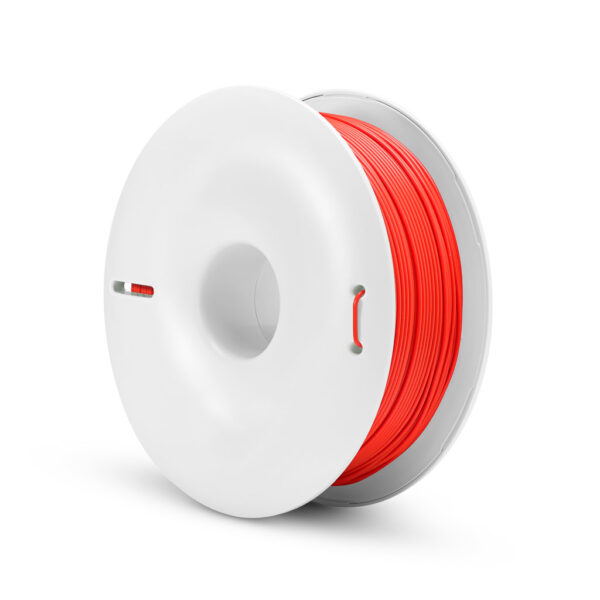 Fiberlogy EASY PLA Red Orange filament – voor-/zijaanzicht van de 0,85 kg spoel.