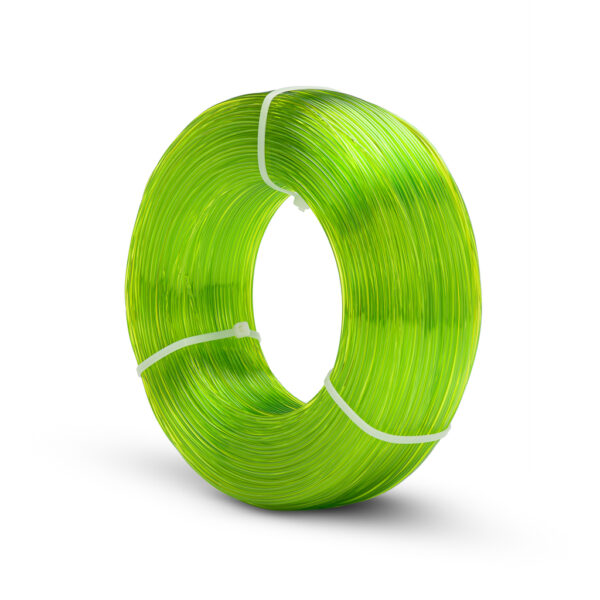 Fiberlogy Refill Easy PET-G Light Green Transparant filament – voor-/zijaanzicht van de 0,85 kg kernloze spoel.