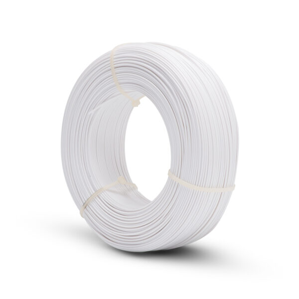 Fiberlogy Refill Easy PET-G White filament – voor-/zijaanzicht van de 0,85 kg kernloze spoel.